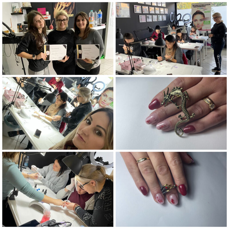 L'immagine mostra alcuni momenti di svolgimento dei corsi professionali di nail art a Padova e i lavori realizzati da alcune delle corsiste